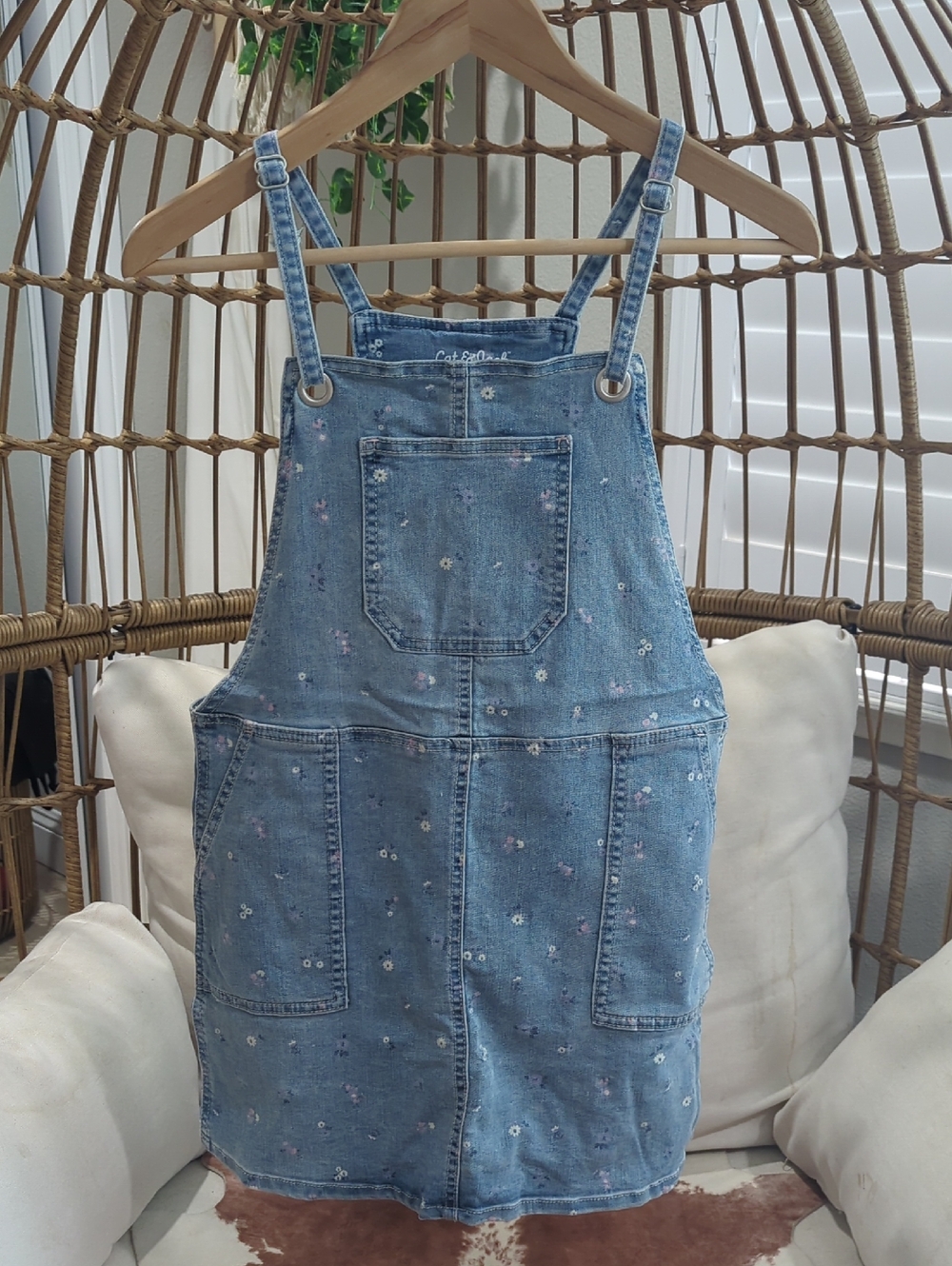 Denim Floral Embroidered Overall Dress